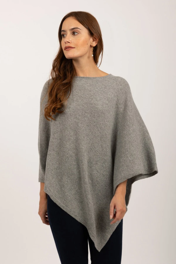 V-Shaped Boat Neck Cashmere Poncho in Light Grey