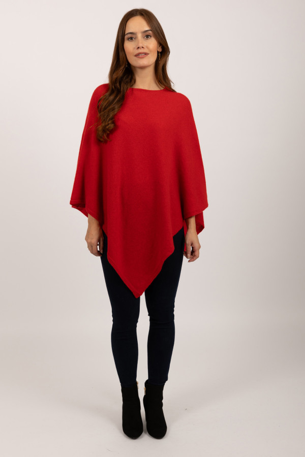 V-Shaped Boat Neck Cashmere Poncho in Red