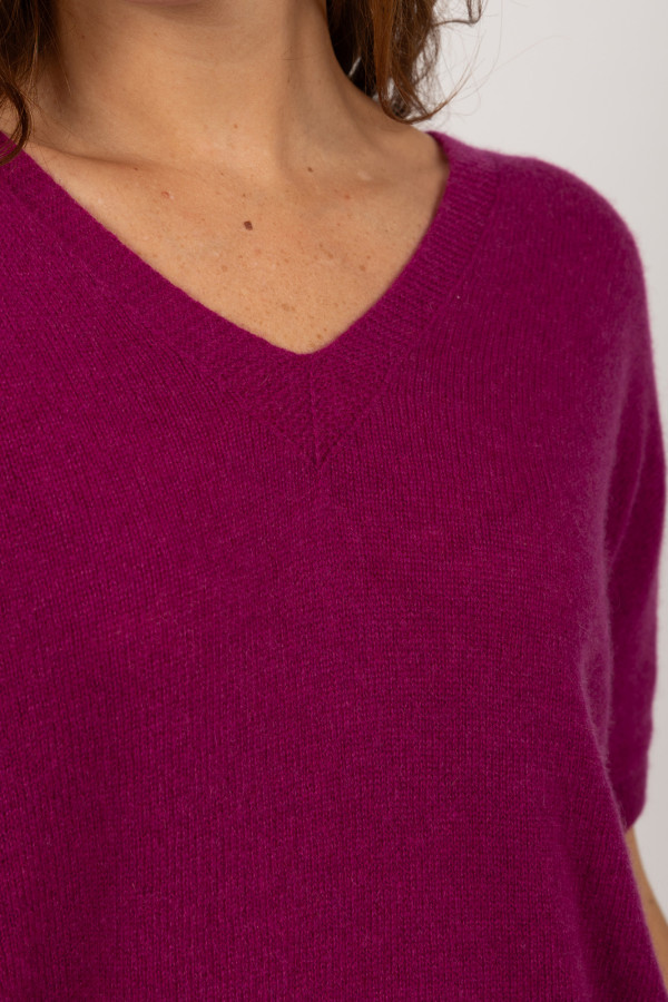 Pullover à manches courtes en cachemire pur fuchsia
