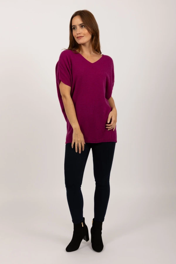 Reiner Kaschmir-Pullover mit kurzen Ärmeln in Fuchsia