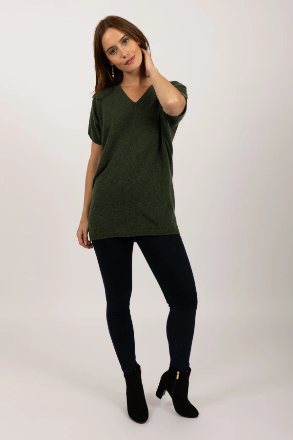 Jersey de manga corta de Cachemira pura en verde militar