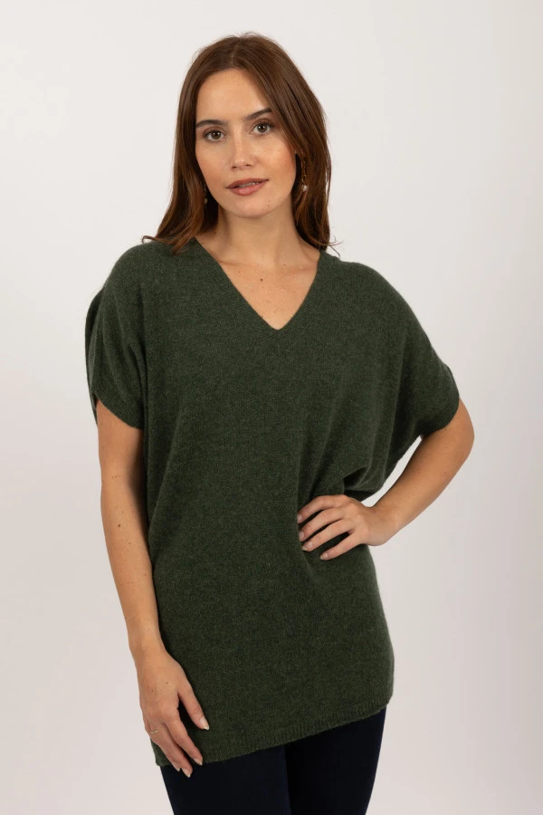 Jersey de manga corta de Cachemira pura en verde militar
