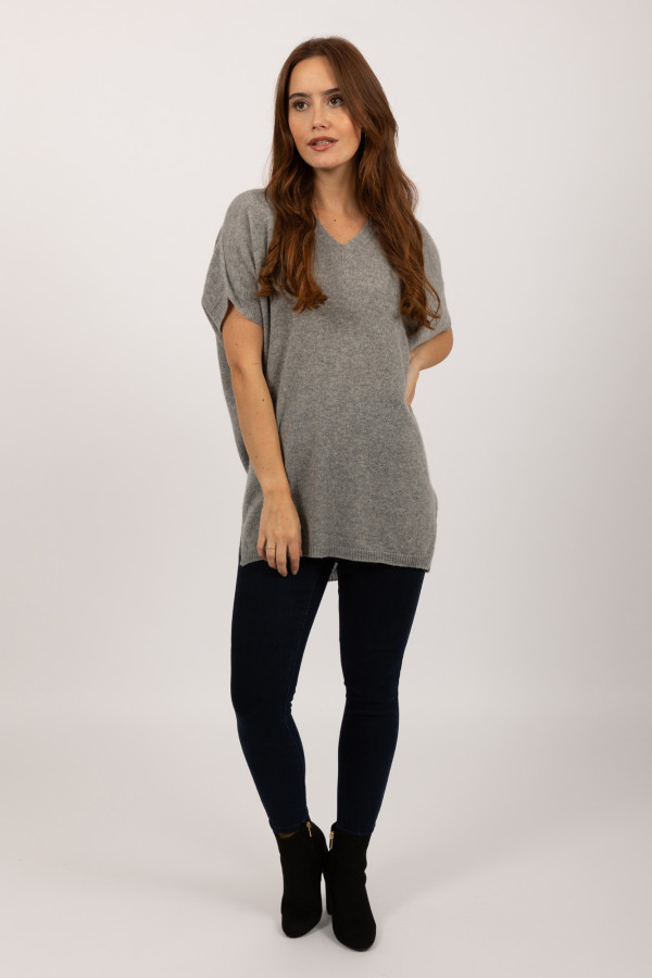 Jersey de manga corta de Cachemira pura en gris claro