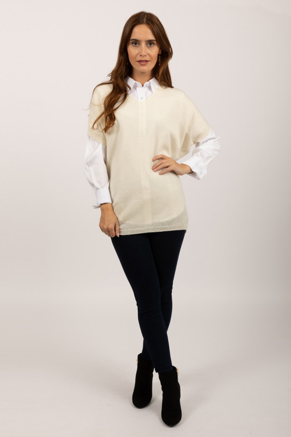 Jersey de manga corta de Cachemira pura en blanco crema