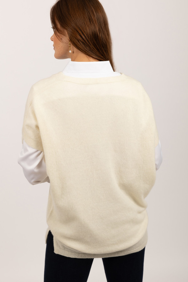 Pullover à manches courtes en cachemire pur de crème blanc