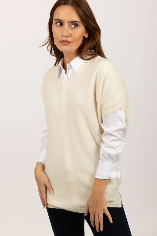 Jersey de manga corta de Cachemira pura en blanco crema