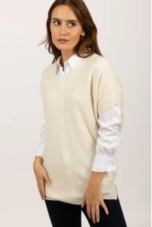 Jersey de manga corta de Cachemira pura en blanco crema