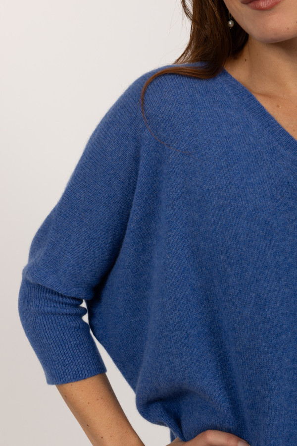 Pullover à manches courtes en cachemire pur bleu pervenche