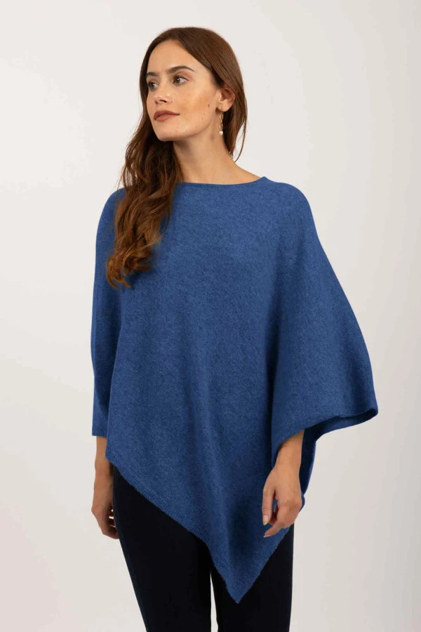 Poncho en cachemire à encolure bateau en forme de V Bleu Pervenche