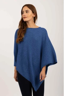 Poncho in Cashmere a Forma di V con Scollo a Barca Blu Pervinca