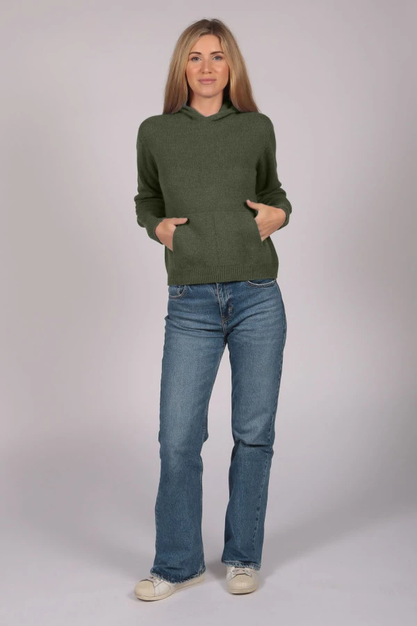 Army green 100% Cashmere Hoodie for Women