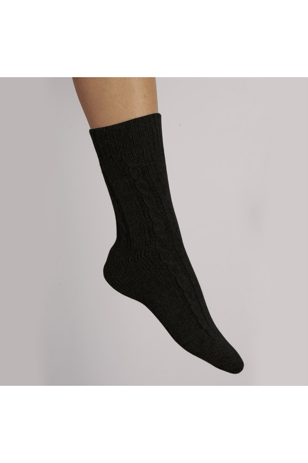 Kaschmir-Bettsocken mit Zopfmuster Schwarz