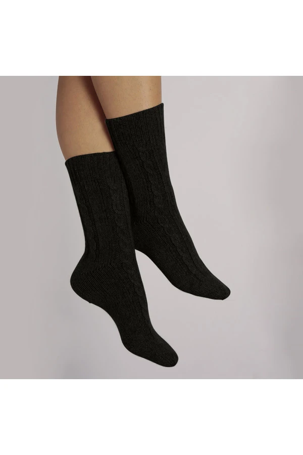 Kaschmir-Bettsocken mit Zopfmuster Schwarz